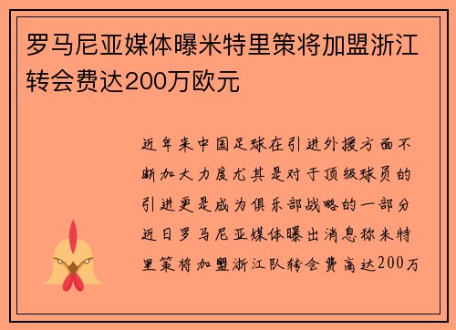 罗马尼亚媒体曝米特里策将加盟浙江转会费达200万欧元