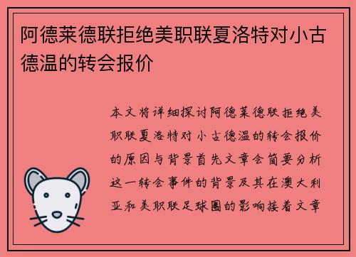 阿德莱德联拒绝美职联夏洛特对小古德温的转会报价